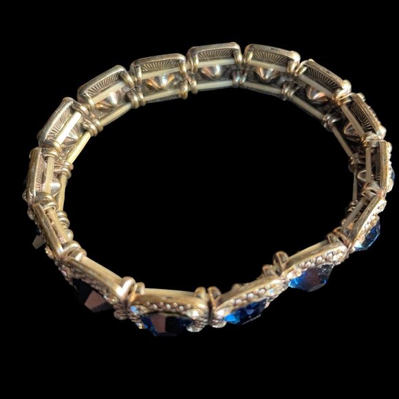 Deep Blue Rhinestone Stretch Bracelet Silver-Tone Vintage Style Statement - Picture 5 of 7